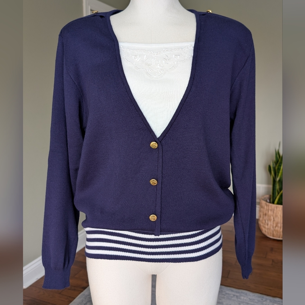 Vintage Woman's Nautical Navy Sweater Gold Crest Buttons Retro Size M